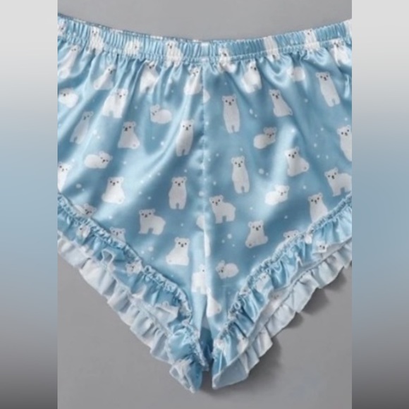 Cute Adjustable Straps Crop Cami Top & Satin Ruffle Trim W/Bears Short Shorts - Picture 3 of 4